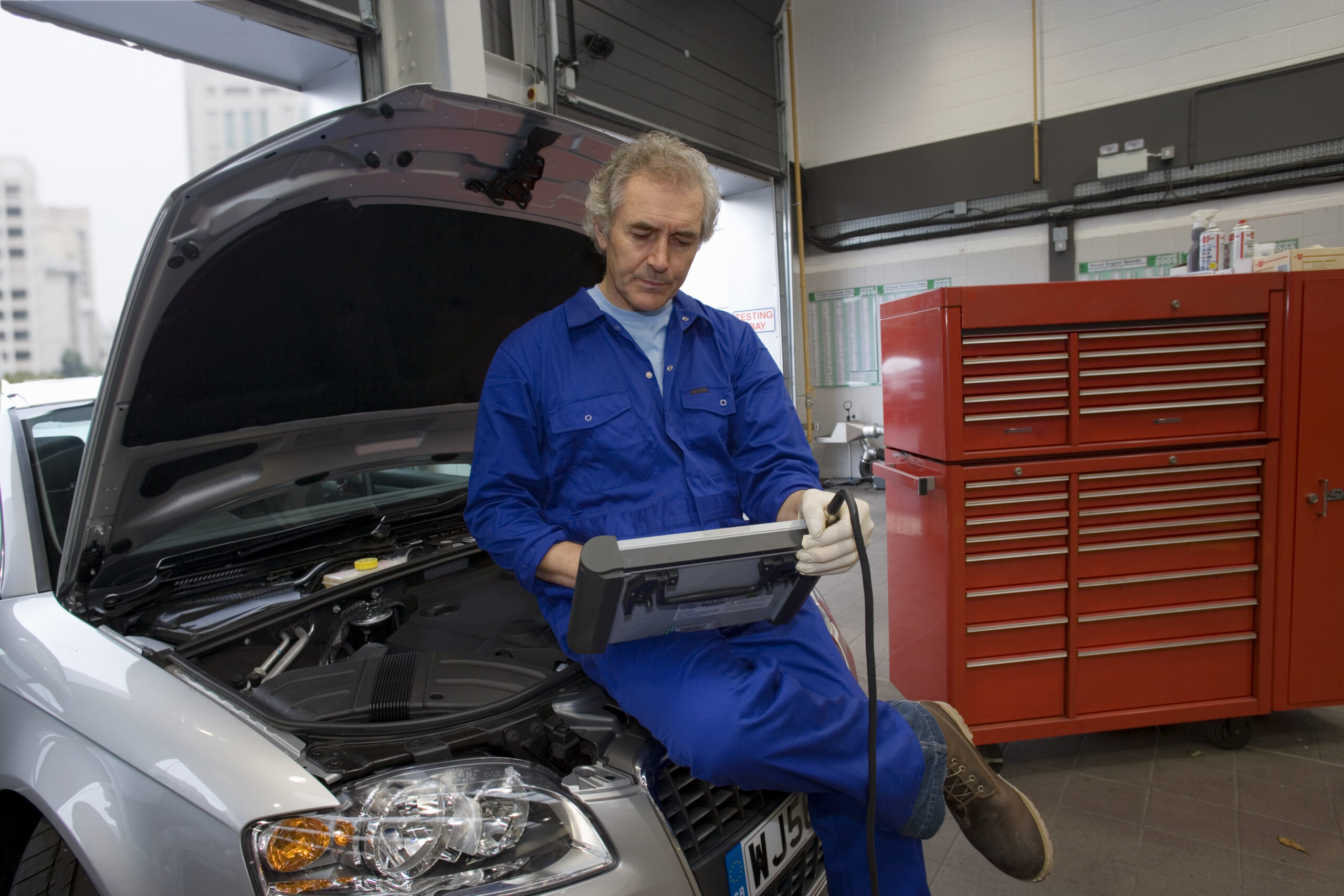 Mechanic inspecting engine bay during pre-purchase car check